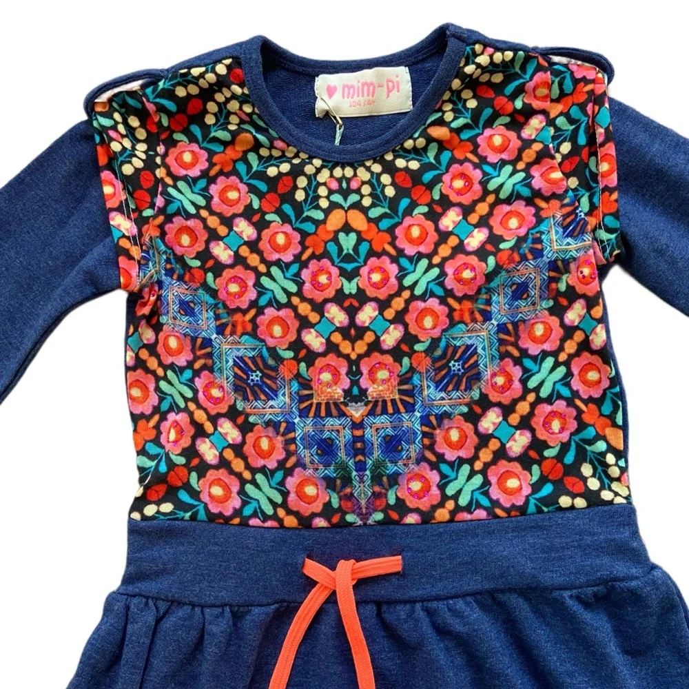 Mim-Pi Navy Girls Dress‎ with Colorful Floral Print Long Sleeves Sz 4y NWT